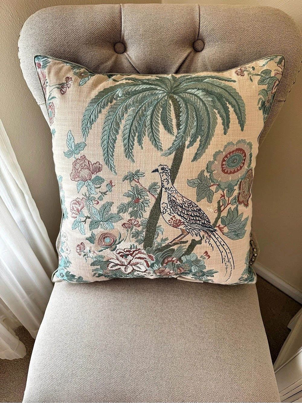 Laura Ashley Decorative Throw Pillow Green & Pink Floral Bird 18x 18 inches
